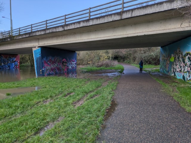 View of the path and river of the Bader Way Bridge (formaly the star-wars bridge) very little water above river height.